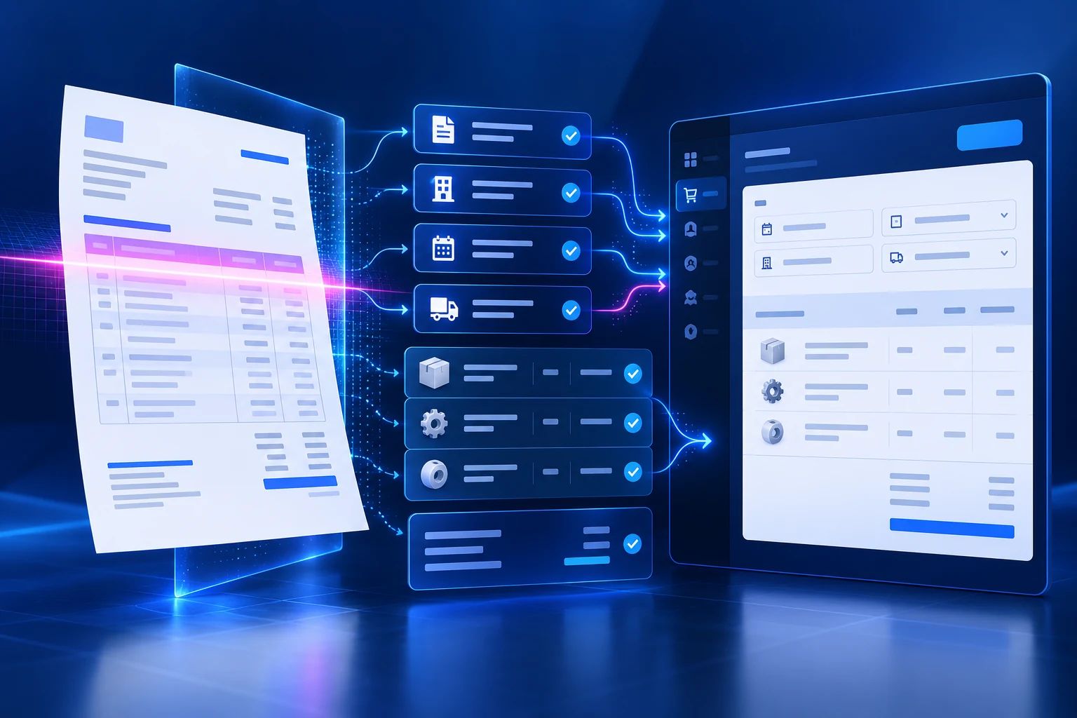 AI scanning a supplier invoice and converting it into structured ERP purchase data